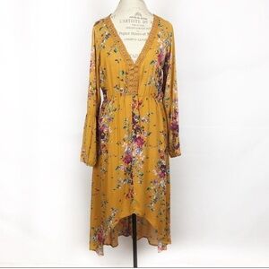 BOHO Floral Embroidered Mustard Yellow Orange Deep V-Neck Dress Bell Sleeve Sz M